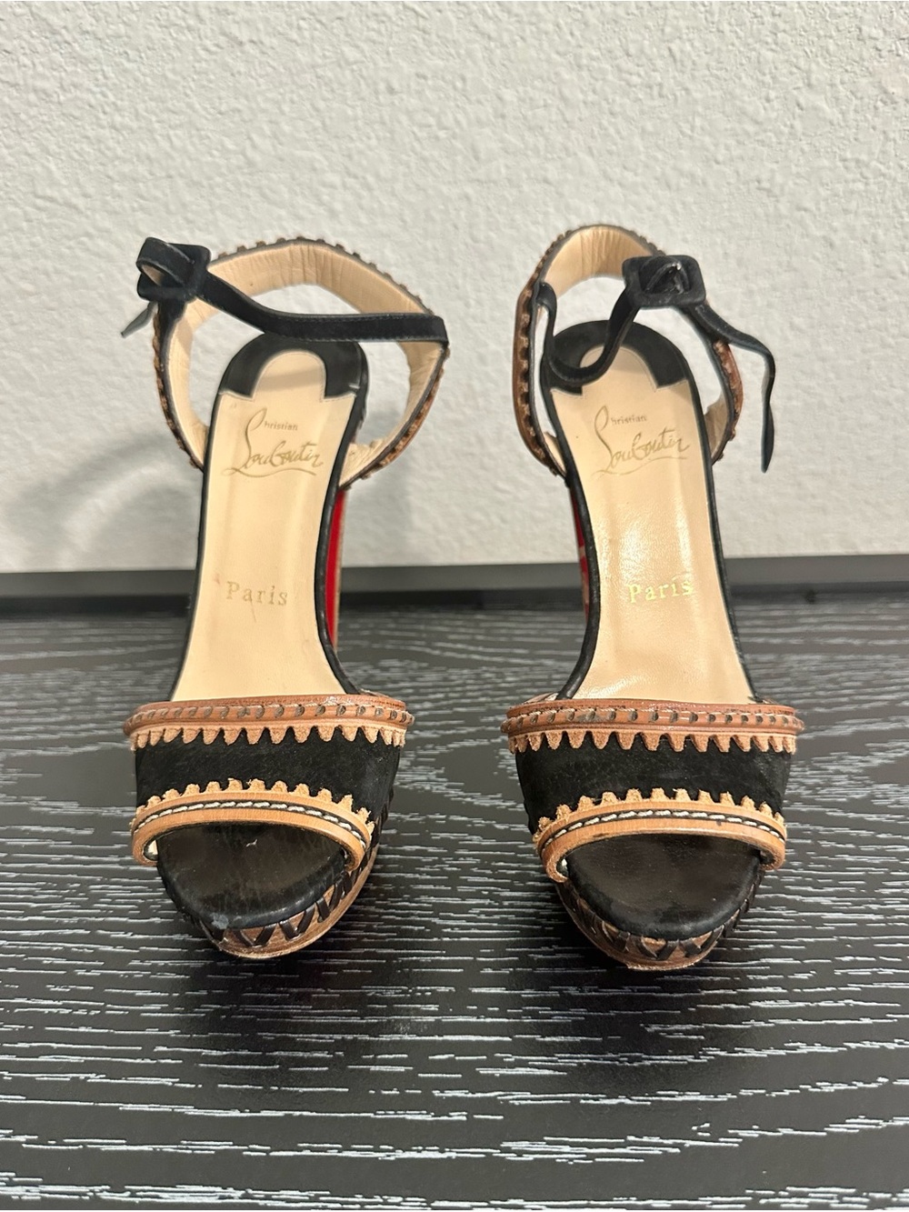 Christian Louboutin Black and Tan Ankle-Strap Platform Sandals
